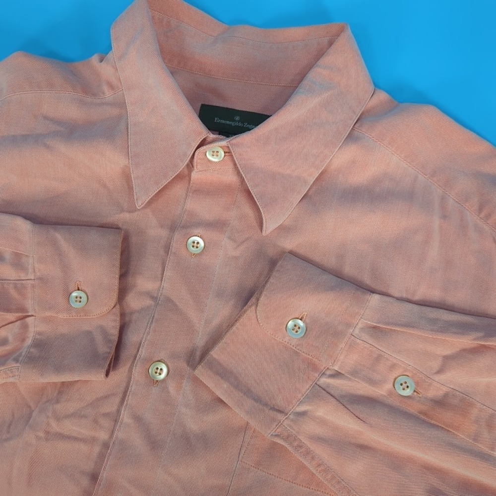 Ermenegildo Zegna Mens XL Salmon Pink Twill Long Sleeve Button Down Shirt Italy